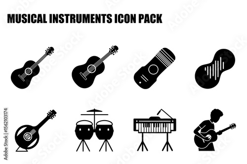 Musical instruments icons in a collection of silhouettes.