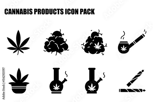 Cannabis products icon pack. various types of cannabis products displayed in a simplified, graphic style.