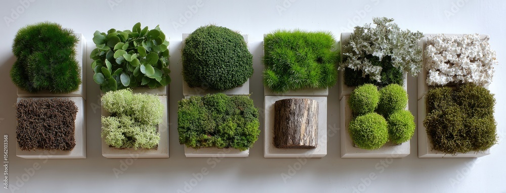 Fototapeta premium A collection of flat decorative blocks adorned with various types of moss and plants showcases a natural aesthetic and texture