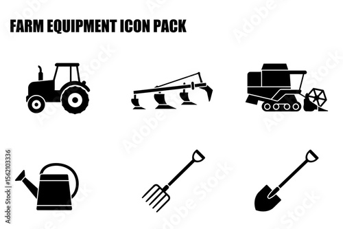 Farm equipment icons in black and white silhouette. Silhouette icons of farm vehicles and tools.