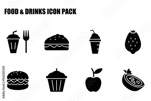 Food and drinks icon set for general use. Simple black and white icons of various food and drinks with a general aesthetic.