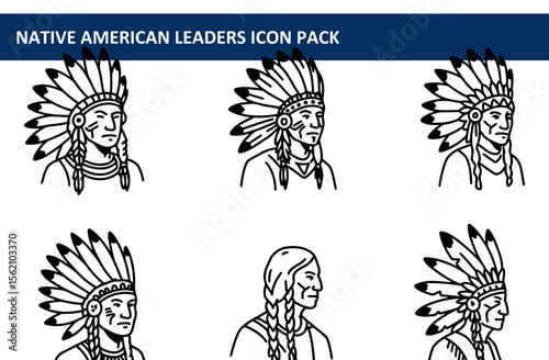 Native American leaders in traditional headdresses, profile view against a plain background. Portraits of historical figures in traditional attire with a vintage style.