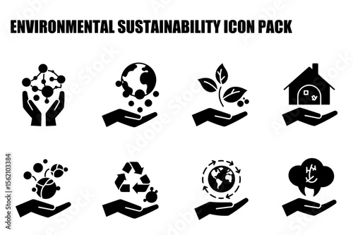 Environmental Sustainability Icon Pack depicting various eco-friendly actions, held in cupped hands, in a simple, clean design. Diverse iconography shows ecological issues and sustainable practices.