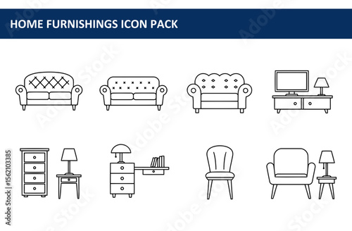 Line art illustrations of various home furnishings. Simple, elegant designs of sofas, armchairs, tables, and a TV stand.