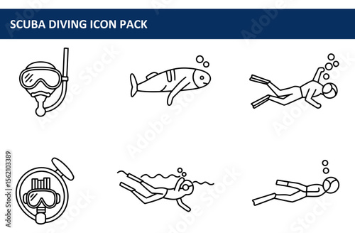 Scuba diving icons in a variety of poses and equipment, including a diver, fish, and scuba gear, set against an underwater background.