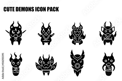 Cute demonic icons in various poses and settings. Cartoonish figures with exaggerated features and stylized clothing, in a digital illustration format.