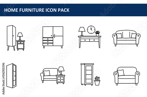 Home furniture icons depicting various pieces for interior design. Simple line drawings of bedroom, living room, and office furniture.