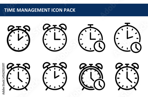 Time management icons featuring various clocks and alarm clocks in a simple, clean design. Collection of time management graphic elements for use in website or app interface.