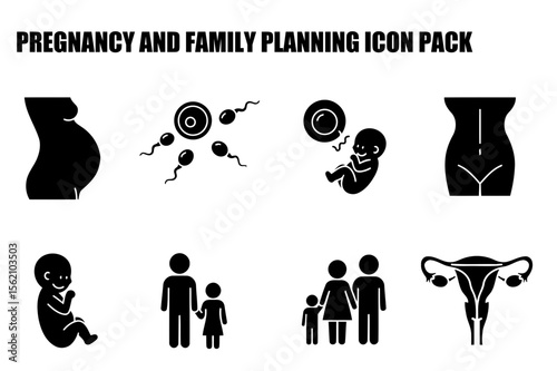 Pregnancy and family planning icon set with various stages of conception and family. Simple black and white illustrations of pregnancy and family planning icons in a medical or educational context.