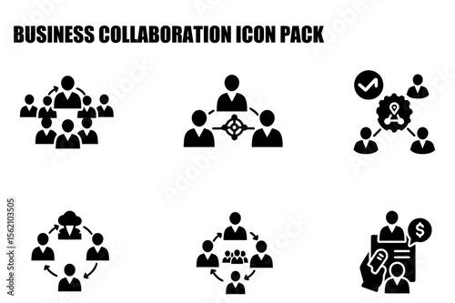 Business collaboration icons in a diverse workplace setting. Modern illustrations displaying various team interactions and business connections.