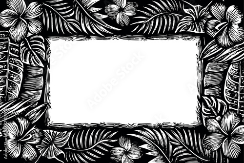 Tropical Floral Border with Palm Leaves and Hibiscus Flowers Hand Drawn Sketch Style for Decorative Design Elements