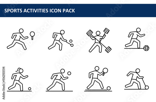 Line art icons depicting various sports activities. Generic figures engaged in tennis, table tennis, weightlifting, and soccer, with no specific demographic or location.