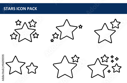 Collection of star icons in various arrangements on a plain background. Simple, outlined star icons for use in graphic design, websites, or apps.