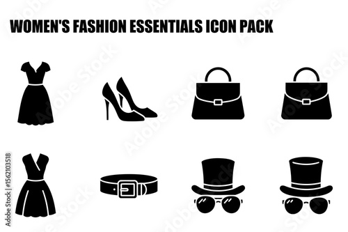 Women's fashion essentials with various apparel and accessories. Stylish silhouettes of dresses, heels, bags, belts, hats, and sunglasses displayed for fashion design inspiration.