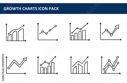 Growth charts icon pack. various line illustrations of upward trending graphs in different styles.