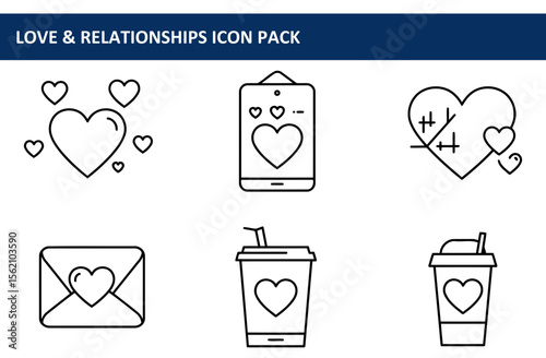 Line art icons of love and relationships in various settings. Simple, outlined illustrations of hearts, envelopes, coffee cups, and mobile devices with hearts.