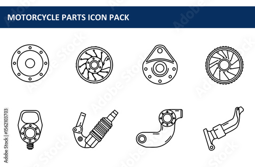 Motorcycle parts icons in outline style. Technical illustrations of motorcycle components in a flat design. Mechanical parts for motorcycle engineering design. -
