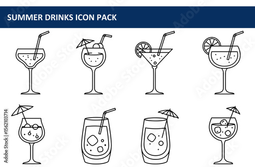 Collection of various summer drinks with umbrella and straw decorations in outline style. Simple beverage icons displayed on white background.