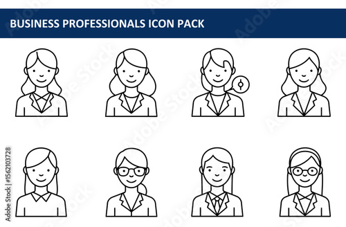 Female business professionals in business attire, various poses, with diverse professional roles in different settings.