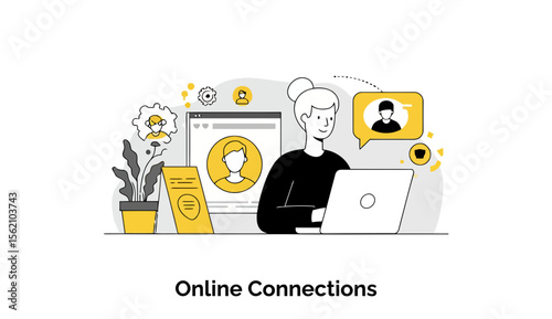 Young adult female in casual attire using a laptop for online connections in a home office setting. Focused and engaged in a digital communication, displaying online interaction with peers.