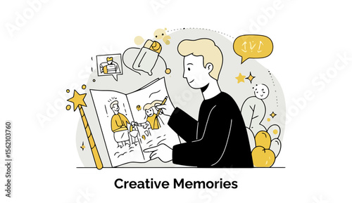 Young adult male in casual wear, reviewing a photo album and sketching illustrations. Creative artist at home, sketching memories on a photo album.