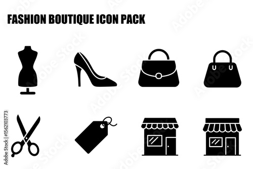 Fashion boutique icons depicting various elements of the industry. Simple, bold silhouettes of mannequin, high heel shoes, handbags, scissors, price tag, and a retail storefront.