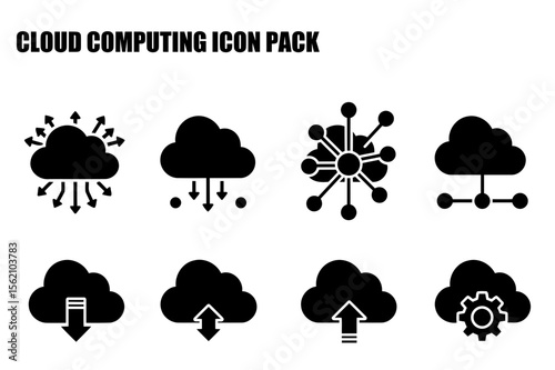 Cloud Computing Icon Pack depicting various cloud storage actions in a simple, graphic design format. Abstract icons representing data upload, download, sharing, networking, and configurations.
