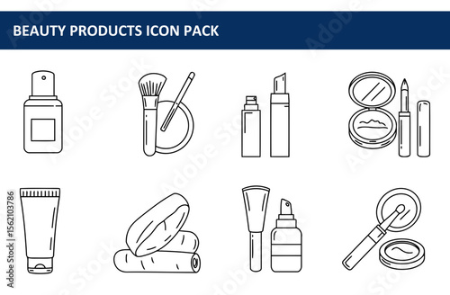 Beauty product icons in a variety of styles for various beauty products. Illustrations of makeup and skincare items, showing different perspectives.