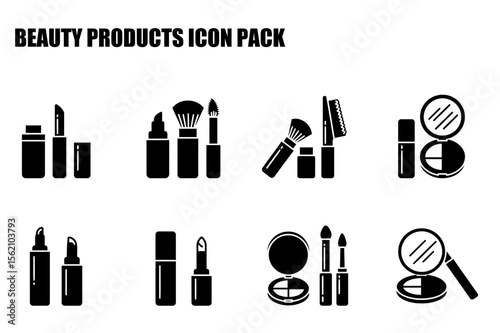 Beauty product icons for various cosmetic items. Flat, black and white icons of lipsticks, lip glosses, make-up brushes, mascara, and compact powder sets.