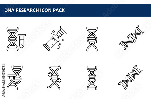DNA research icon pack for scientific educational resources in laboratory setting. Various DNA structures and laboratory tools are depicted in the image with simple line art.