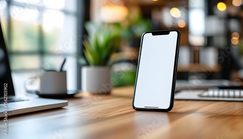 Smartphone with blank screen stands on wooden desk amongst office supplies.