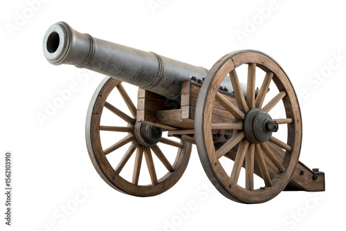 Antique military cannon with wooden wheels isolated on a white background