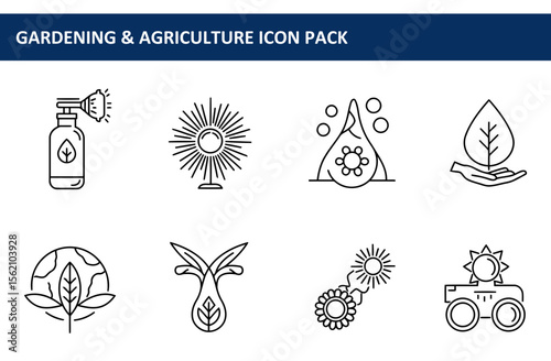 Gardening & agriculture line art icons depicting various elements of the field in simple, clean designs. Modern graphic design concepts for agricultural websites, catalogs, or educational materials.