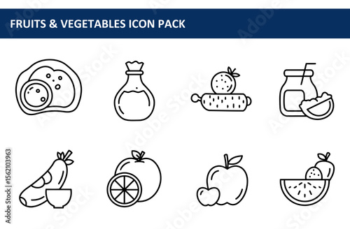 Fruits and vegetables line icons for a food icon pack. Collection of various fruits and vegetables displayed in a simple, outline style.