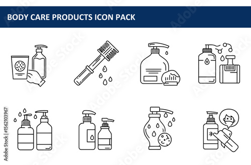 Body care product icons depicting various items in a clean, simple line art style. Illustrations of hand sanitizer, lotion, and various cleaning tools.
