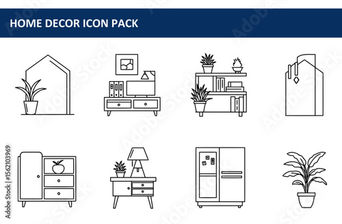 Home decor icons, interior design elements in various styles. Simple line art illustrations of common household items in a modern home.