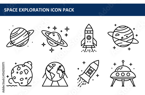 Space exploration icon pack featuring planets, rockets, and UFOs. Simple, clean line art illustrations of astronomical elements.