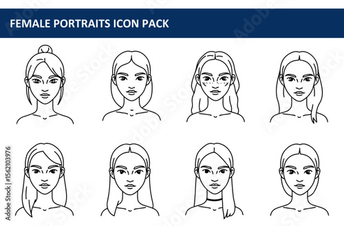Female portraits of diverse hairstyles and facial features, graphic line art illustrations. Various female subjects in profile view.