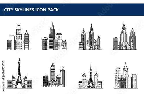 City skylines of various global locations in line art style. A collection of cityscapes with different architectural features and layouts displayed in a simple, graphic format.