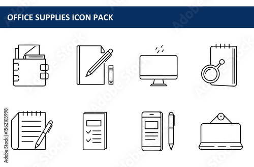 Office supplies icons in a simple line art style depicting various items used in a general office setting. Collection of basic office tools displayed individually on a white background.