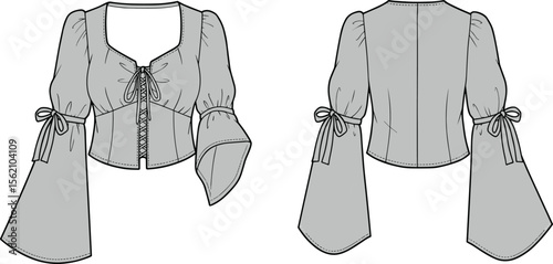 Women’s long sleeve crop top technical sketch, lace up front, flared cuffs, cad vector fashion drawing, flat apparel design