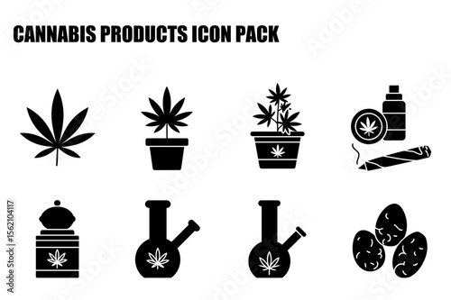 Cannabis products icon pack featuring various items in a simple, black silhouette design.