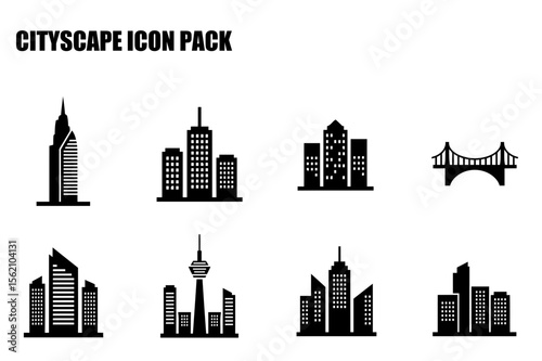 Cityscape icon pack showing various buildings and a bridge