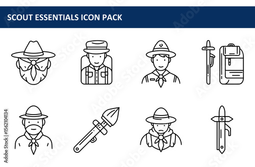 Scout essentials icon pack depicting various items and personnel in a simple, clean, line art style. Adult and youth scouts in uniform with camping equipment.