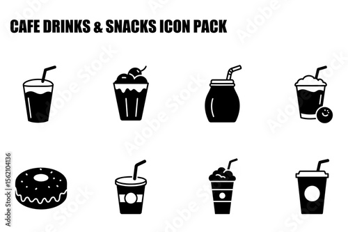 Cafe drinks and snacks icon set, various types of beverage and food. simple icons for cafe, restaurant or food truck.
