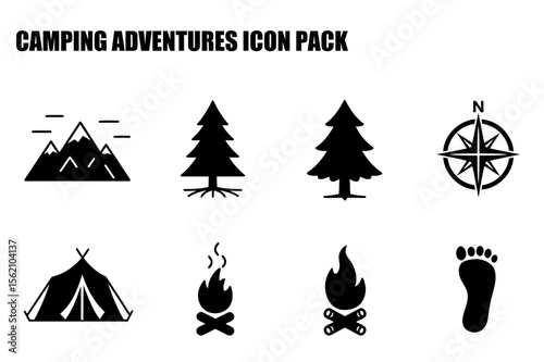 Camping adventures icon pack with mountains, fir trees, tent, campfire, compass, and footprint. Simple black and white graphics for outdoor recreational activities.
