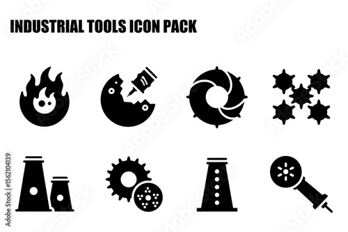 Industrial tools icon pack depicting various mechanical components and processes. Set of black and white icons for use in design and illustration.