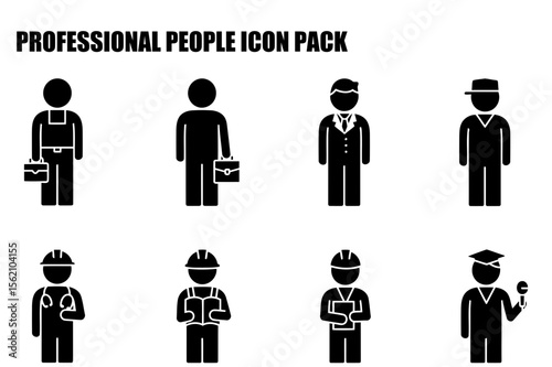 Professional people icon set in various occupations. Diverse male figures in work attire, standing in a neutral location.