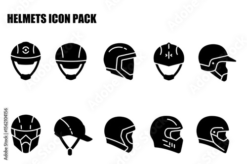 Helmet icons showing various styles and angles. Collection of different types of protective headwear for various sports and activities.