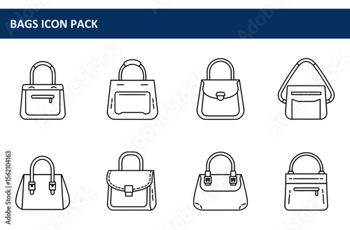 Women's handbag collection in various styles. Set of outline illustrations depicting different handbag designs with varied handles and closures.